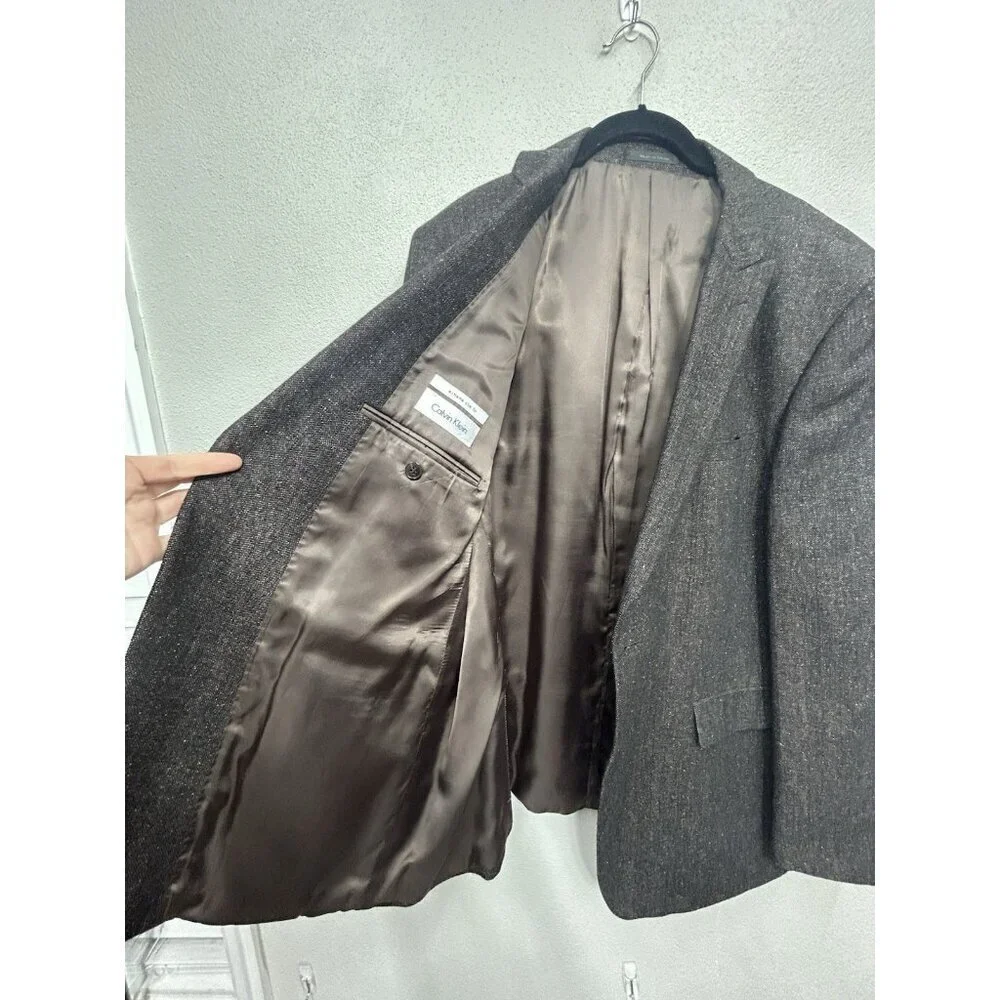 Calvin Klein Mens Sport Coat Blazer 46R Extreme Slim Fit Brown Wool Silk Blend